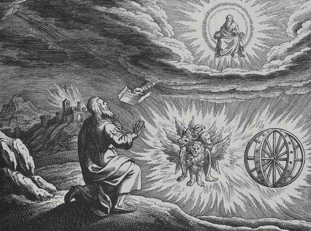 Historischer Kupferstich: Ezechiel kniet vor der Vision mit Thron, Cherubim und ineinandergreifenden Rädern