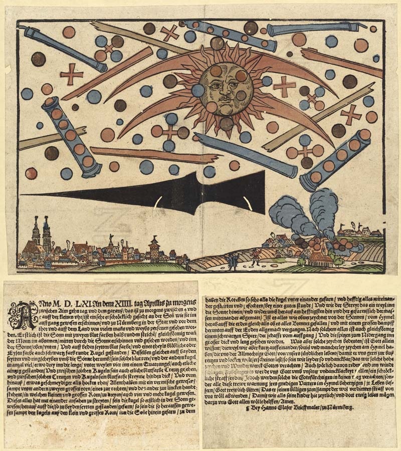 Holzschnitt-Flugblatt von Hans Glaser, 1561: Kugeln, Kreuze und Röhren über Nürnberg, darunter der zeitgenössische Bericht